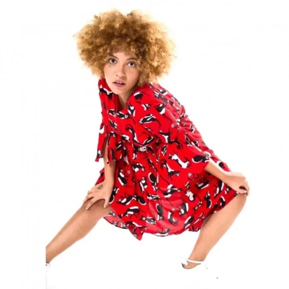 Rare Farm Rio Cat & Yarn Mini Dress Red Statement Print Resort Chic | Size S - Picture 1 of 7